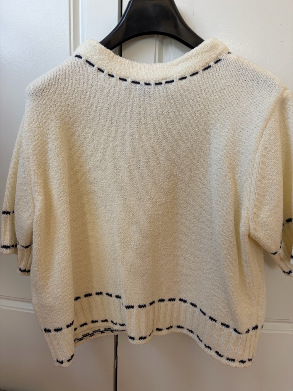 Zara White Knit Button-Front Cardigan with Navy Stitching - Picture 3 of 3